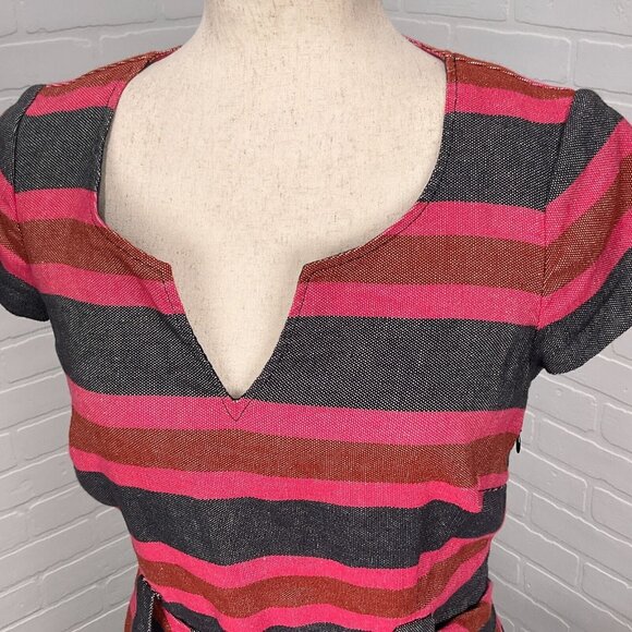 Boden Dress Women 4R‎ Black Pink Stripe Sheath Cotton Linen Classic Career VTG - Picture 2 of 14